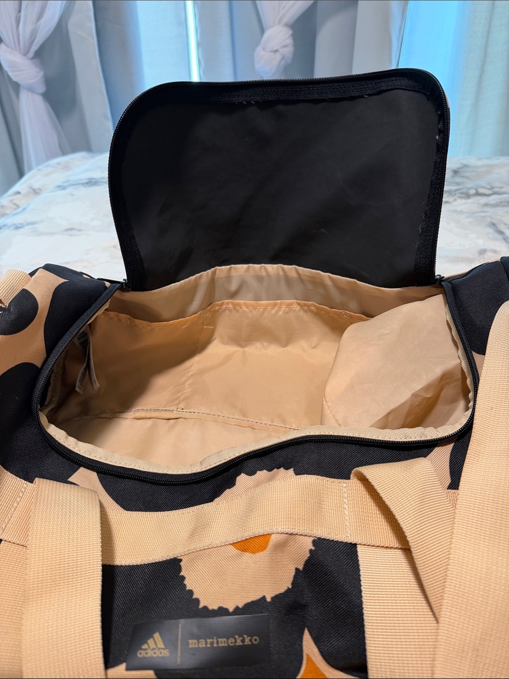 Adidas x Marimekko Printed Duffel Bag in Beige & Black - Picture 7 of 8
